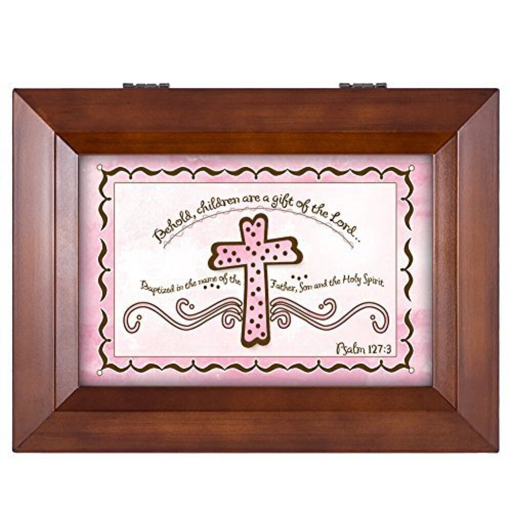 5778 Baby Girl Baptism Cross Wood Finish Jewelry Music Box - Plays Tune You
